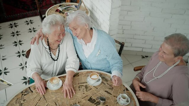 Top view of senior friends sitting indoors in cafe drinking coffee or tea together.