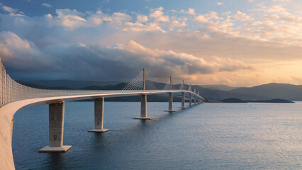 Peljesac Bridge, Croatia. Panoramic image of beautiful modern multi-span cable-stayed Peljesac...