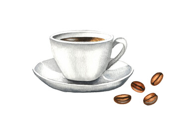 Cup of morning coffee with coffee beans, isolated on white background. Watercolor hand drawn illustration