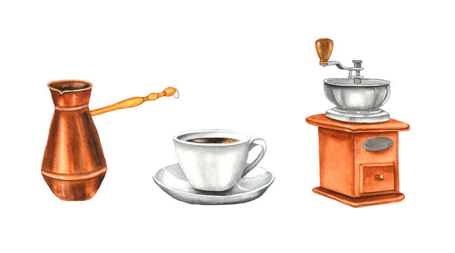 Set of coffee grinder, turk and cup with beverage. Watercolor hand drawn illustration, isolated on white background.
