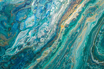 Abstract fluid art background. Turquoise, golden and white ocean, marble effect texture. Close-up of an acrylic painting on canvas.