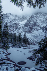 Moody winter photo of a frozen lake surrounded by high mountains and pine trees