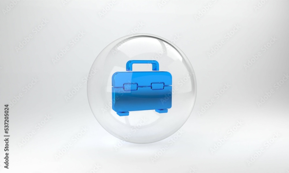 Poster blue toolbox icon isolated on grey background. tool box sign. glass circle button. 3d render illustr