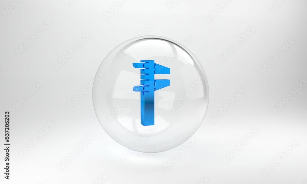 Poster blue calliper or caliper and scale icon isolated on grey background. precision measuring tools. glas