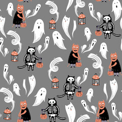 Seamless pattern with black cats, ghosts, skeleton, monster and pumpkin. Halloween ghost costume