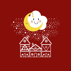 Cute Christmas card for decorating gifts.
contour image of houses against a background of smiling clouds and snow