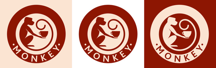 Monkey with a cup of coffee or tea. Logo or badge for coffee shops and cafes. Vector illustration. Special logo