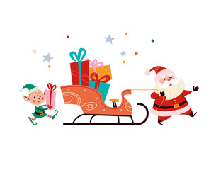 Merry Christmas concept with Santa Claus, elf and sleigh full of presents. Vector flat Christmas illustration. For banner, card, package.
