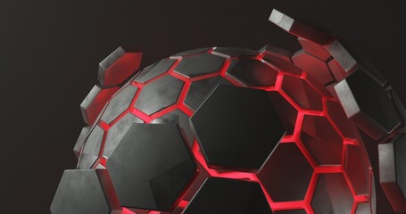 Abstract background using a hemispherical pattern with a red black hexagon texture at the bottom center, there is space on the left, 3d rendering and 4K size,