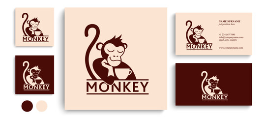 Monkey with a cup of coffee or tea. Logo or badge for coffee shops and cafes. Vector illustration. Special logo