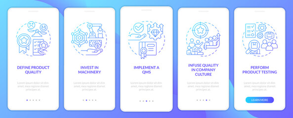 Improving product quality blue gradient onboarding mobile app screen. Brand walkthrough 5 graphic instructions with linear concepts. UI, UX, GUI template. Myriad Pro-Bold, Regular fonts used