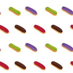 Seamless pattern of colorful eclairs in a flat style on a white background. For wrapping paper, wallpaper, screensavers