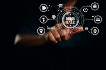 Man Shopping Online on virtual screen and find products on sale. Concept shopping, e-commerce, internet banking, spending money, purchase product.