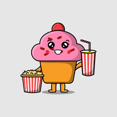 Cute cartoon Cupcake with popcorn and drink ready to watching film in cinema