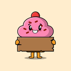 Cute cartoon Cupcake character holding blank wooden text board vector icon illustration