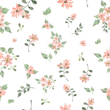 Watercolor seamless pattern with abstract different orange flowers, leaves. Hand drawn floral illustration isolated on white background. For packaging, wallpaper, wrapping design or print © Alla