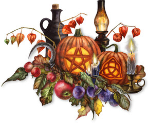 Mystical autumn harvest watercolor composition with old oil lamp, sickle and candle