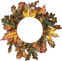 Round watercolor frame of beautiful autumn leaves