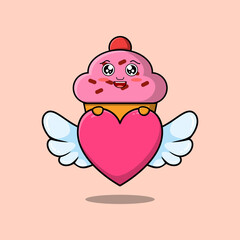 Cute cartoon Cupcake character holding big red heart in modern style design illustration