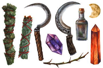 Samhain attributes set with ritual sickles, crystals and herbal twists