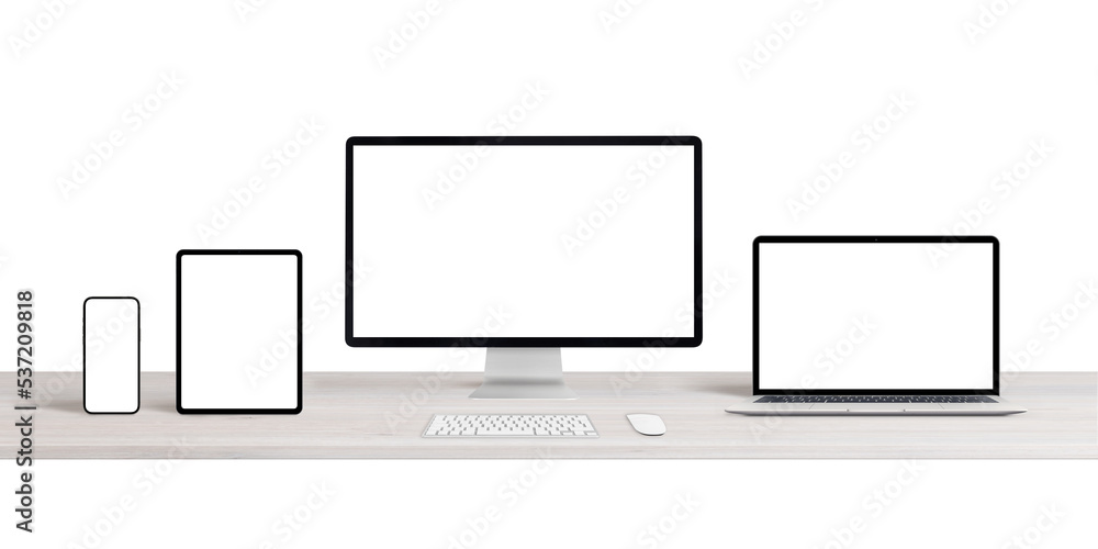 Poster Computer display, laptop, tablet and smart phone on desk isolated. Transparent background and display screen