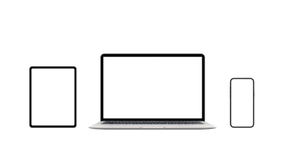 Isolated laptop, tablet and smart phone in front position. PNG transparent