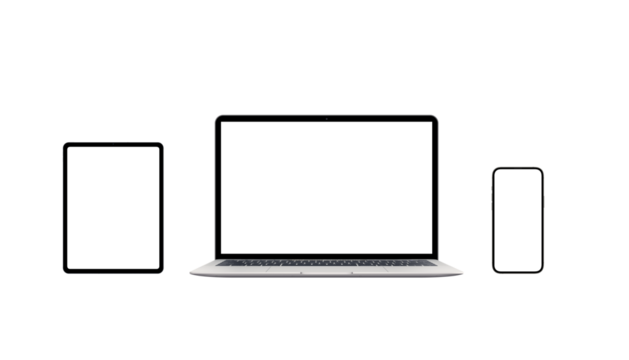 Isolated laptop, tablet and smart phone in front position. PNG transparent