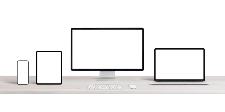 Computer display, laptop, tablet and smart phone on desk isolated. Transparent background and display screen