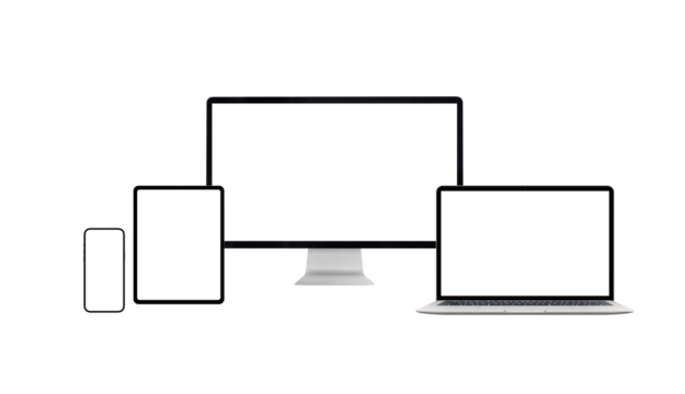 Computer displays and mobile devices isolated mockup for responsive design promotion. PNG transparent