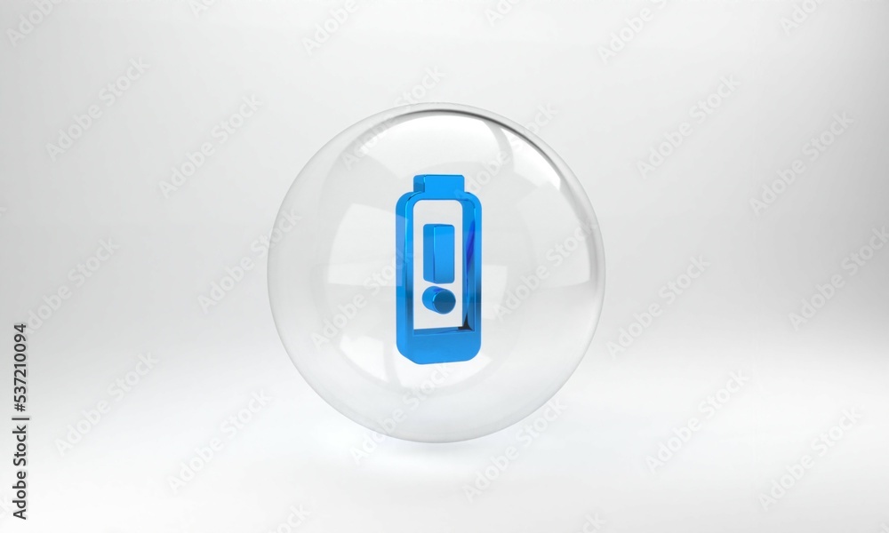 Poster blue battery charge level indicator icon isolated on grey background. glass circle button. 3d render