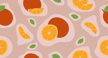 Seamless pattern oranges fruits, whole, halves, slices and leaves. Collection of colorful sketches of citrus fruits. Vegetables drawn by hand. Vector illustration.