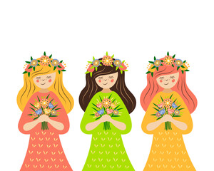 Girls in wreaths and with bouquets of flowers in their hands. Girlfriends. Vector illustration.