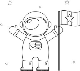 Black and white cosmonaut coloring book with cosmonaut flag for paper design