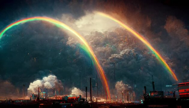 Double rainbow shining through cloudy sky over a city