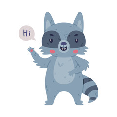 Obraz na płótnie Canvas Funny Raccoon Animal Character with Striped Tail Standing and Saying Hi Vector Illustration