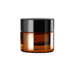 close up Brown Glass Cosmetic Jar for Cream or Gel Packaging. Isolated on White Background.