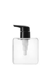 Clear plastic square bottle with black pump dropper, used for liquid soap, shampoo and lotion isolated  white background