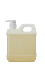 Closeup gallon bottle of Yellow soap with refill  droper pump isolated on white background