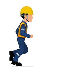 An industrial worker is running on white background