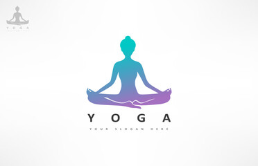 Woman in the lotus position meditation pose logo. Yoga design. - obrazy, fototapety, plakaty