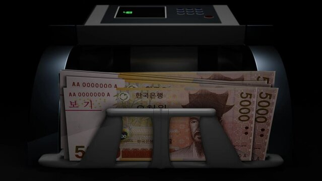 5000 South Korean won in cash dispenser. Withdrawal of cash from an ATM. Financial transaction in the bank terminal. KRW.	