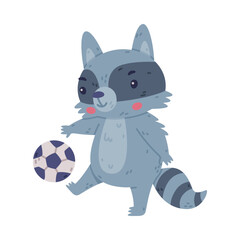 Funny Raccoon Animal Character with Striped Tail Playing Football Vector Illustration
