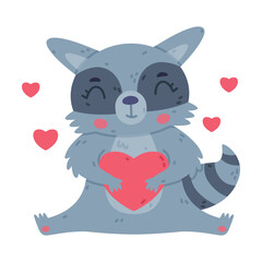 Fototapeta premium Funny Raccoon Animal Character with Striped Tail Sitting with Love Heart Vector Illustration