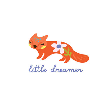 Sweet orange fox character with flower inside. Vector illustration