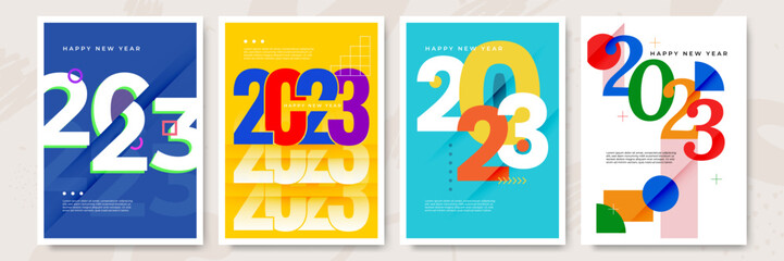Happy New Year 2023 posters collection in flat style. Greeting card template with colourful graphics and typography. Creative concept for banner, flyer, cover, social media. Vector illustration.
