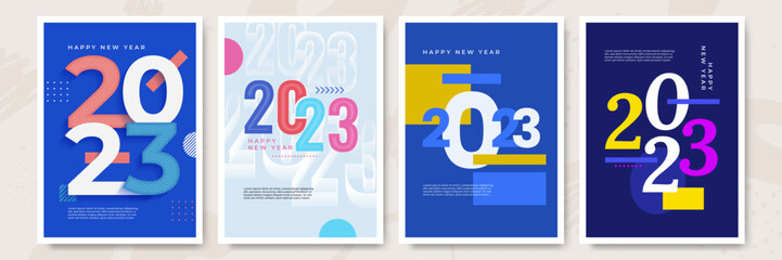 Happy New Year 2023 posters collection in flat style. Greeting card template with colourful graphics and typography. Creative concept for banner, flyer, cover, social media. Vector illustration.