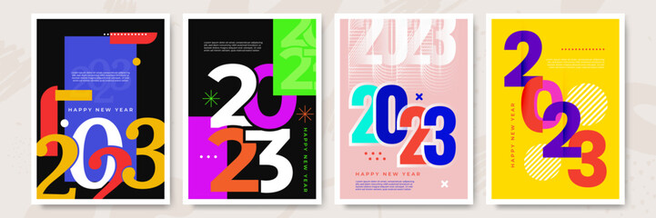 Happy New Year 2023 posters collection in flat style. Greeting card template with colourful graphics and typography. Creative concept for banner, flyer, cover, social media. Vector illustration.