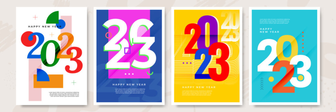 Happy New Year 2023 posters collection in flat style. Greeting card template with colourful graphics and typography. Creative concept for banner, flyer, cover, social media. Vector illustration.