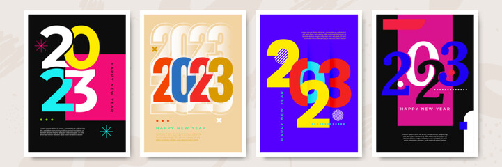 2023 Colorful of Happy New Year posters. Abstract design with typography style. Vector logo 2023 for celebration and season decoration, backgrounds for branding, banner, cover, card and more