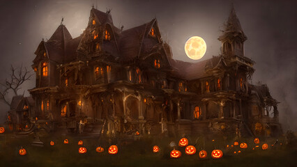 Obraz premium Old haunted house with halloween pumpkins with a full moon. Night horror Halloween . Pumpkins in the graveyard at spooky night. Halloween background. halloween concept. Casa encantada